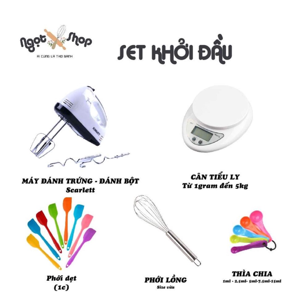 Dụng cụ làm bánh quy bánh gato 5 món đầy đủ máy đánh trứng, cân tiểu ly, phới dẹt, phới lồng, thìa đong  cho bé Ngọt