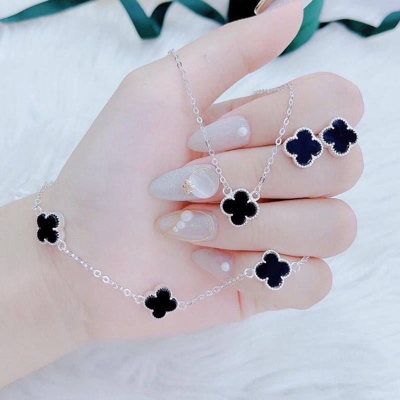 Set cỏ 4 lá đen dây chuyền, bông tai, lắc tay, nhẫn chất liệu bạc ta - Lily