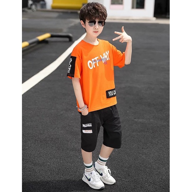 Bộ quần áo thun hè &quot;OFF WHY&quot; 14-45kg cho bé trai 4-14 tuổi. Thoáng mát, thấm hút mồ hôi. B2