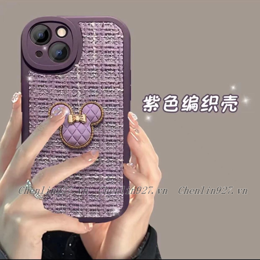 Ốp Điện Thoại Vải Dệt Kim Màu Tím Hình Mickey + Dây Đeo Cho IPhone 6 6S 7 8 Plus X XR XS Max 11 12 13 14 Pro Max Plus SE 2020