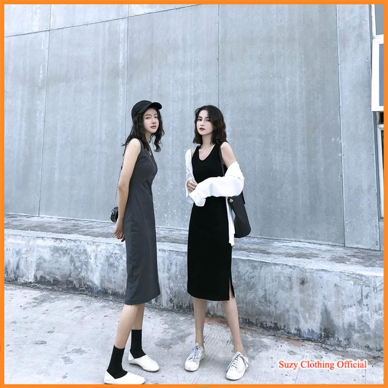 Váy Thun Cotton Cổ V Sát Nách Dáng Dài Ulzzang | BigBuy360 - bigbuy360.vn