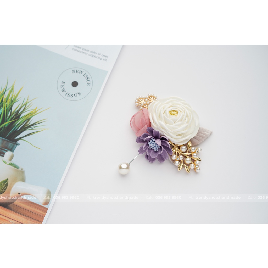 Hoa Cài Áo - Hoa trà cài áo mix hoa cúc cành trai trâm cài - Hoa vải cài áo handmade