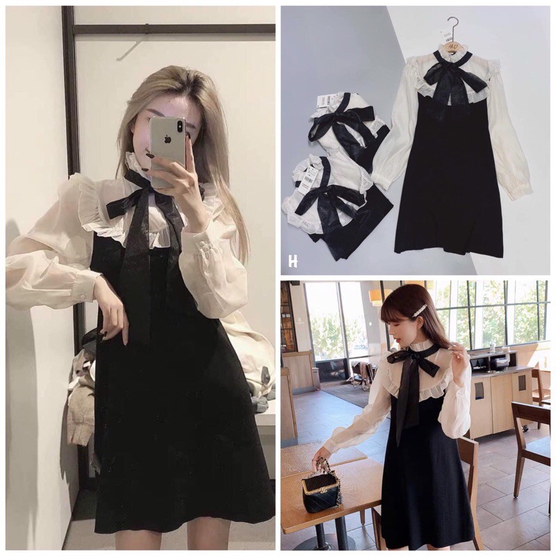 Đầm Babydoll Nơ Ngực 🦋FREESHIP🦋 Váy Nữ Tay Bồng Dáng Suông 2 Màu