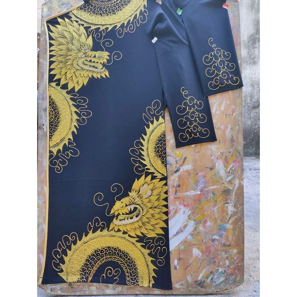 ADN1257 Áo Dài Cách Tân NAM MÀU ĐEN VẼ HỌA TIẾT RỒNG VÀNG