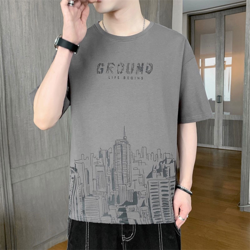 Áo Thun Tay Ngắn Cổ Tròn In Họa Tiết Phong Cách Hàn Quốc Cho Nam
