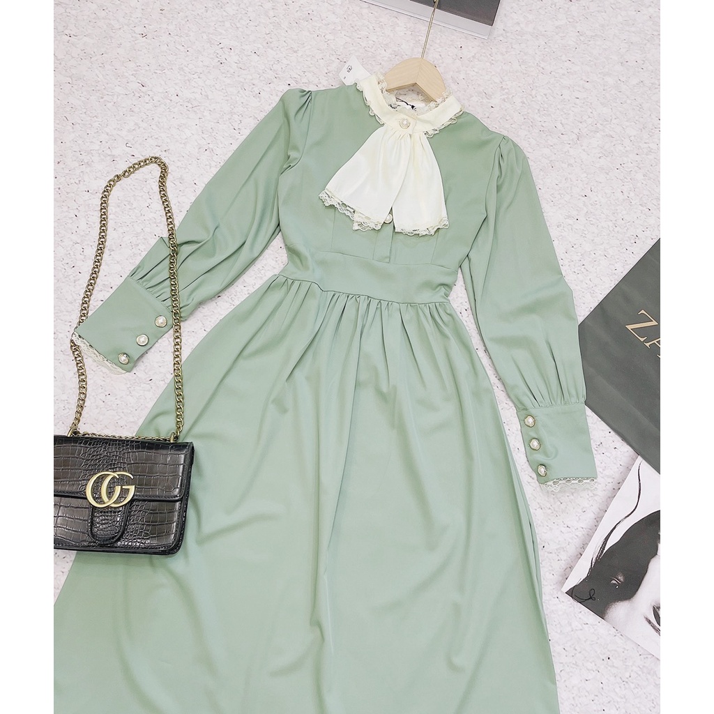 Váy xanh nữ cổ nơ 💖FREESHIP💖 Váy ren cổ nơ Vintage cúc ngọc ,hàng thiết kế tỷ mỉ ,đang Hot nhất nhé các chị em