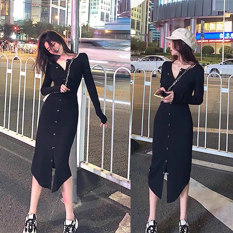 ĐẦM ÔM BODY TÀ NÚT TAY DÀI