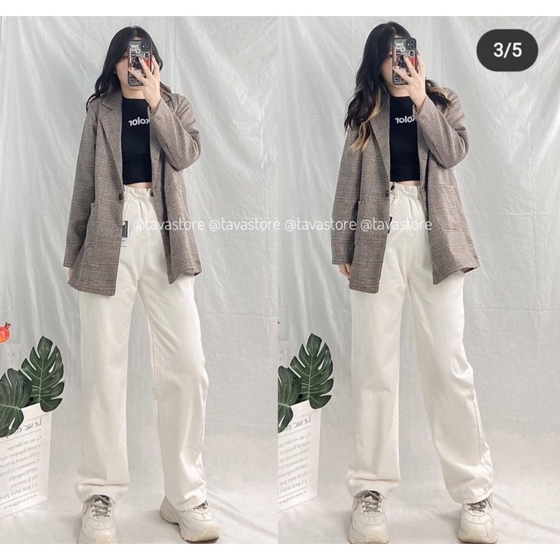 Quần Jean suông đen trắng cúc cài quốc dân (Ảnh thật)