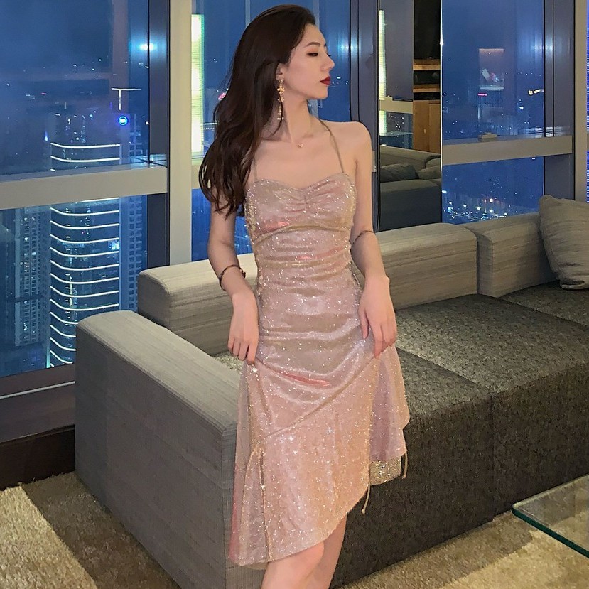 Đầm body kim sa đuôi cá màu hồng HDT178 - Hỉn Hỉn Store