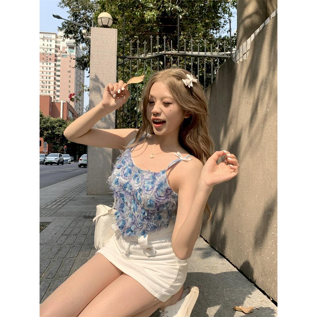 Porozi Áo croptop Hai Dây Dáng Ôm Thắt Nơ Đính Kim Sa Lấp Lánh Thời Trang Cho Bạn Gái