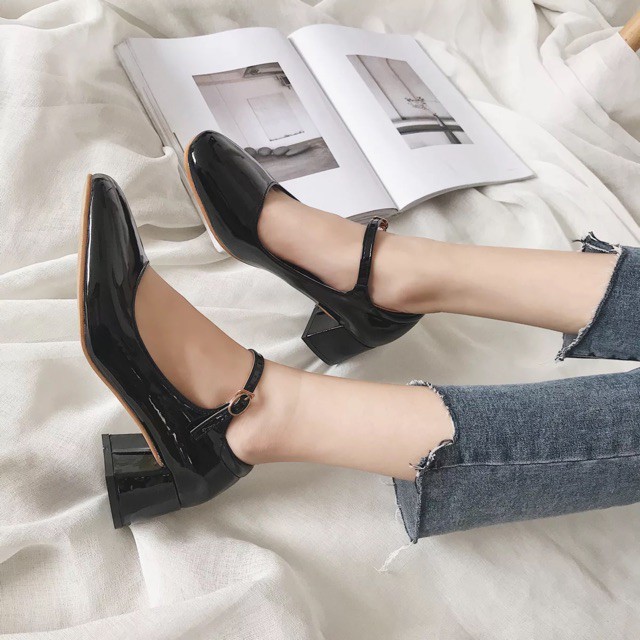 81☬☇□GCG39H1024 GIÀY CAO GÓT BÚP BÊ QUAI HẬU OXFORD DA BÓNG VINTAGE ULZZANG