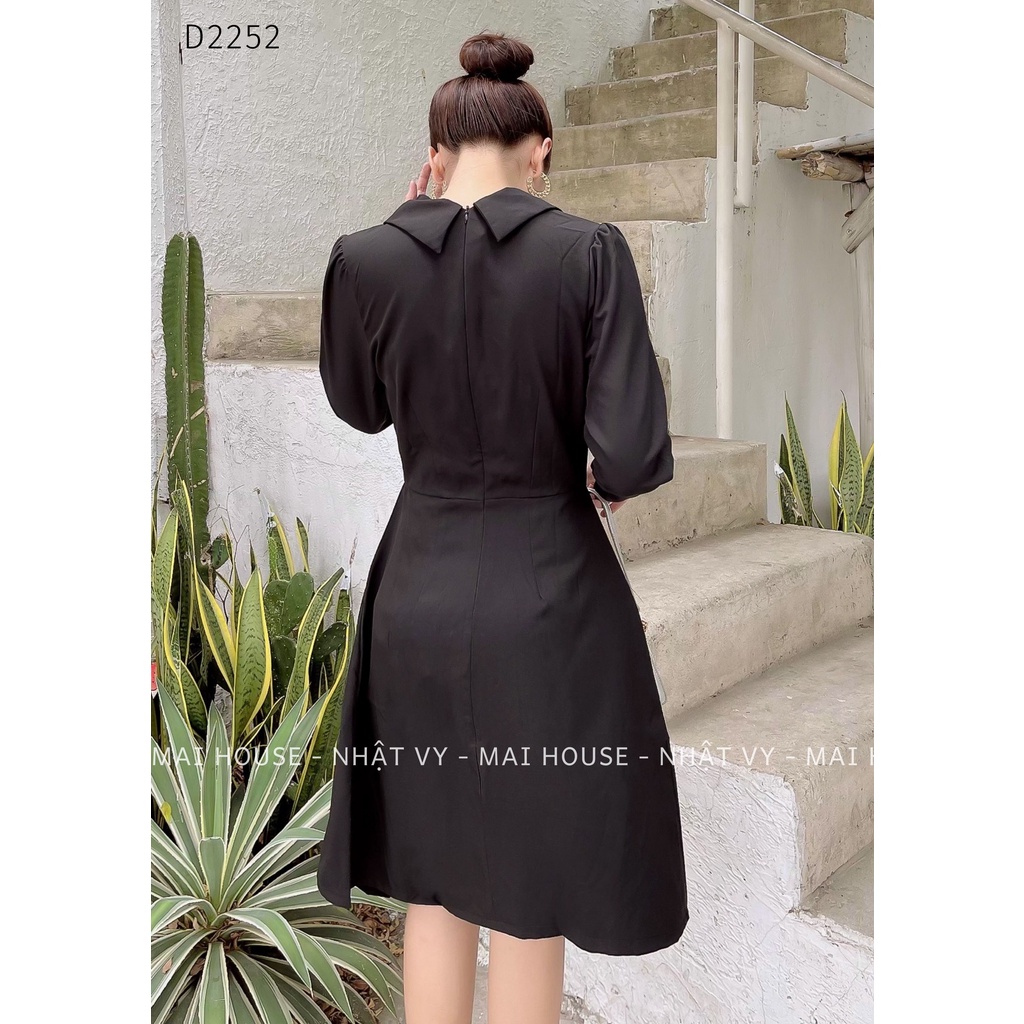 Đầm Nữ NHẬT VY Cổ Vest Dài Tay Phối Dập Ly Chất Kaki Thun Dáng Ôm Xoè Nhẹ Màu Đen, Nude - D2252