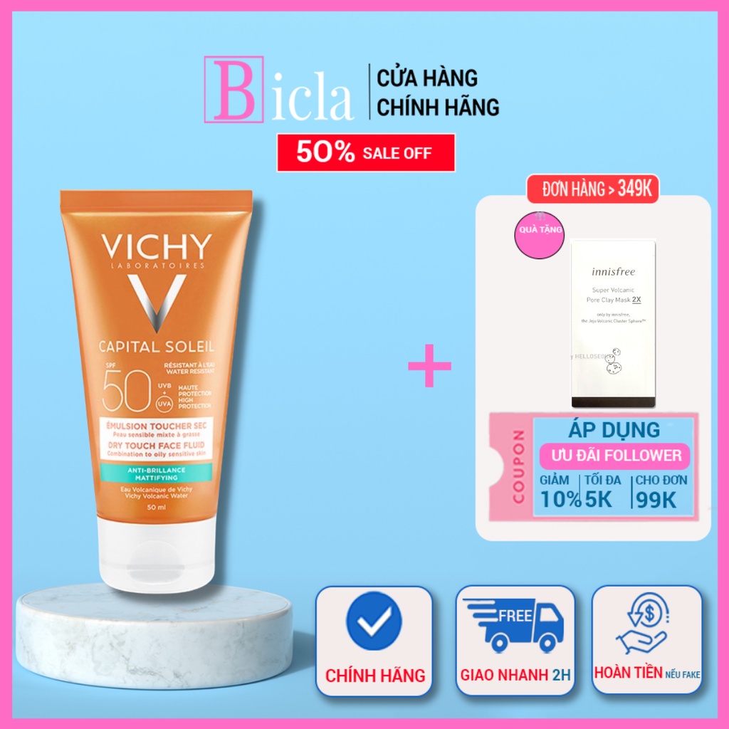 Kem chống nắng không nhờn rít SPF 50 UVA +UVB Vichy Capital Soleil Mattifying Dry Touch Face Fluid 50ml