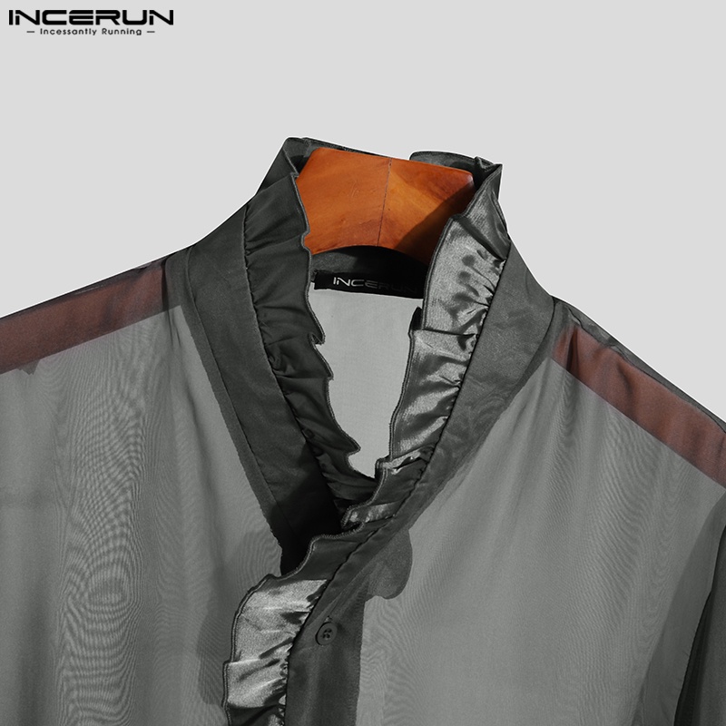Incerun Áo Sơ Mi Flounce Henley Dài Tay Xuyên Thấu Thanh Lịch Phong Cách Anh Quốc Cho Nam