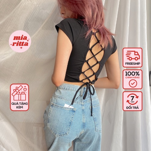Áo croptop cutout đan dây lưng buộc dây sau cộc tay Mia Ritta A2082 ảnh thật