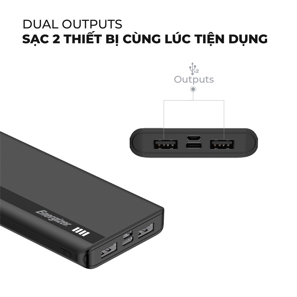 Sạc dự phòng Energizer 10000mAh UE1005x -Thiết kế gọn nhẹ, tích hợp 2 cổng ouputs tiện lợi - Hàng chính hãng