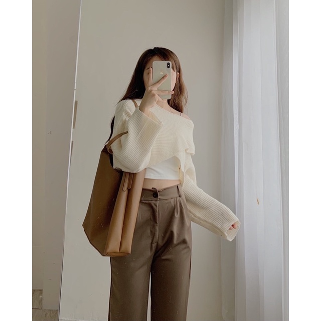 Áo len croptop, Áo len nữ tay dài vạt chéo khoác ngoài kiểu Ulzzang phong cách tiểu thư Hàn Quốc