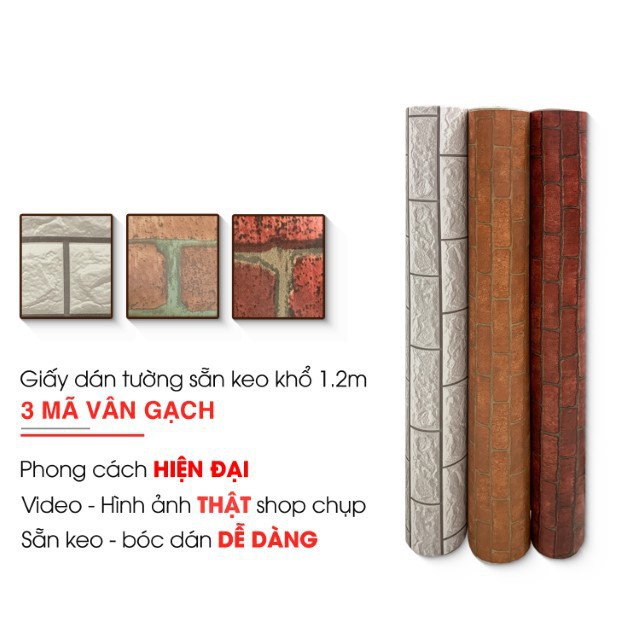 [BÁN CHẠY] Giấy dán tường giả gạch - decal dán tường 3d họa tiết vân gạch bóc dán khổ 1.2m