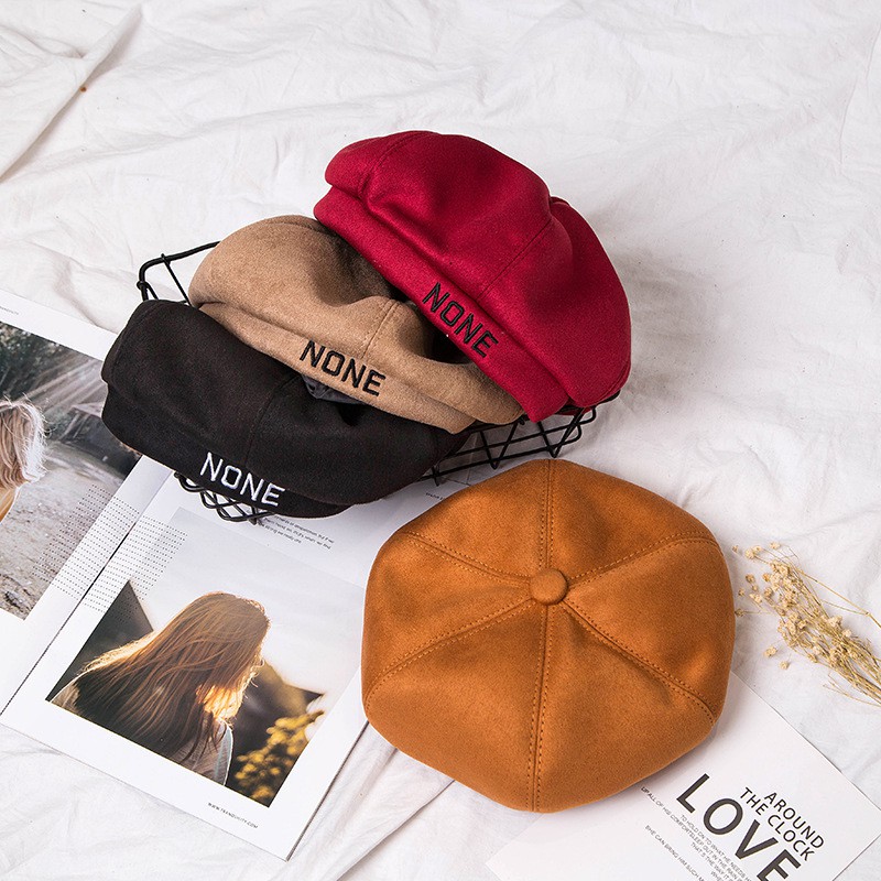 Mũ nồi, mũ beret da lộn thêu chữ None hàng dày dặn phong cách hàn quốc