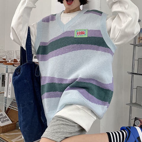 Thời Trang Áo Len Dệt Kim Không Tay Dáng Rộng Phối Màu Tương Phản Phong Cách Hàn Quốc