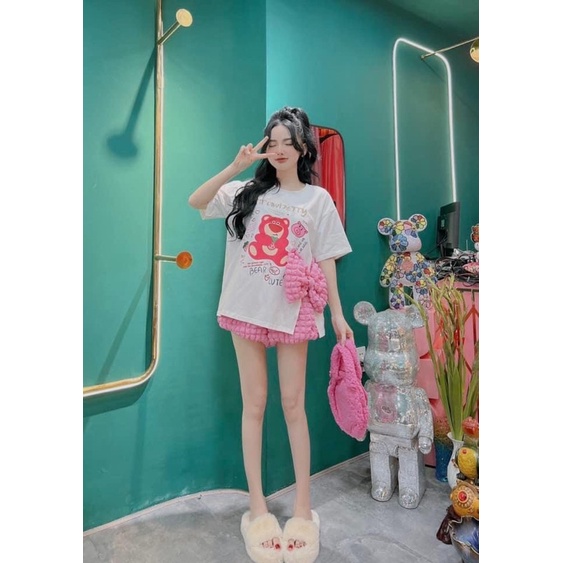 Set áo cotton nơ hồng quần đùi đủ màu xinh xắn Y4