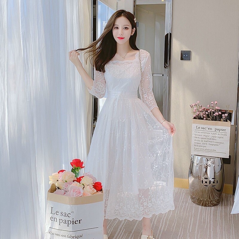 ( Order) Đầm Ren Trắng Dài Vintage Váy Công Chúa Ren Đầm Tiểu Thư Retro Cổ Vuông Đầm Xoè Đầm Suông