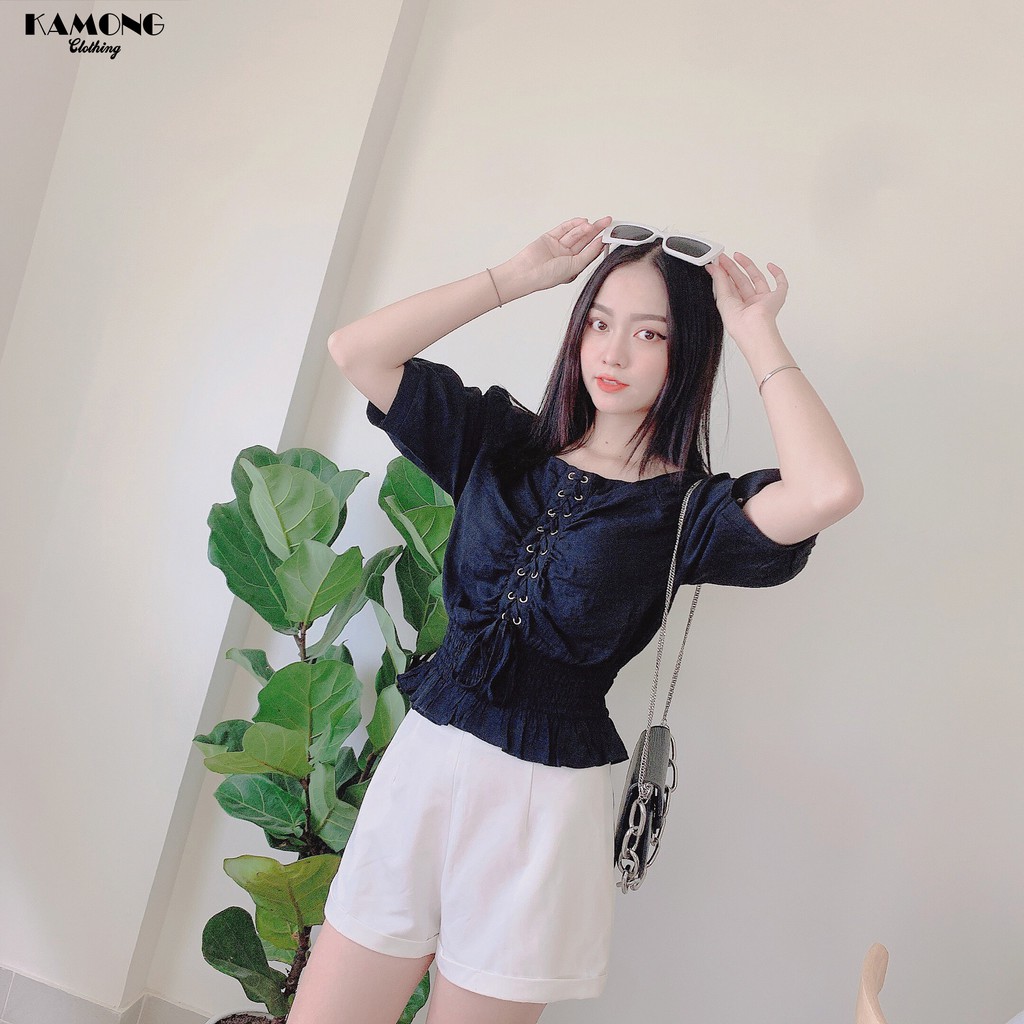 Áo cổ vuông đan dây nhún eo KAMONG A053