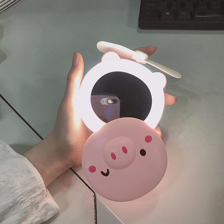 Quạt tích điện heo gương mini cầm tay 3 in 1 đèn Led fan hình con heo dễ thương tiện lợi