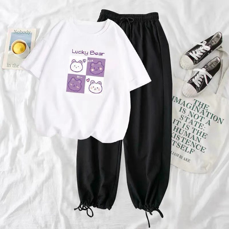 Sét Áo Lucky + quần bom chun, Áo thun from rộng, Chất đẹp không xù, quần suông ống rộng, Sét bộ mặc ở nhà - MODY