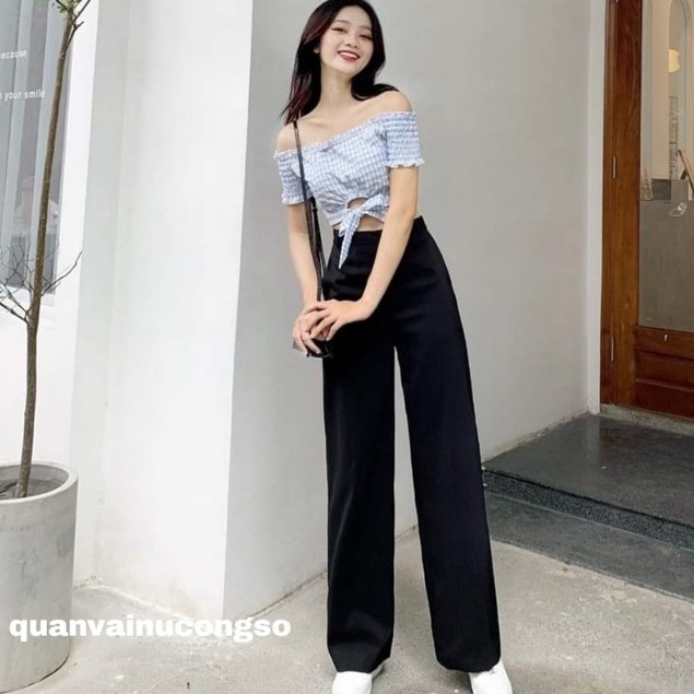 Quần ống rộng lưng cao khóa trước màu đen dáng suông đứng dài - Quần culottes ống rộng cạp cao nữ công sở chất vải mềm