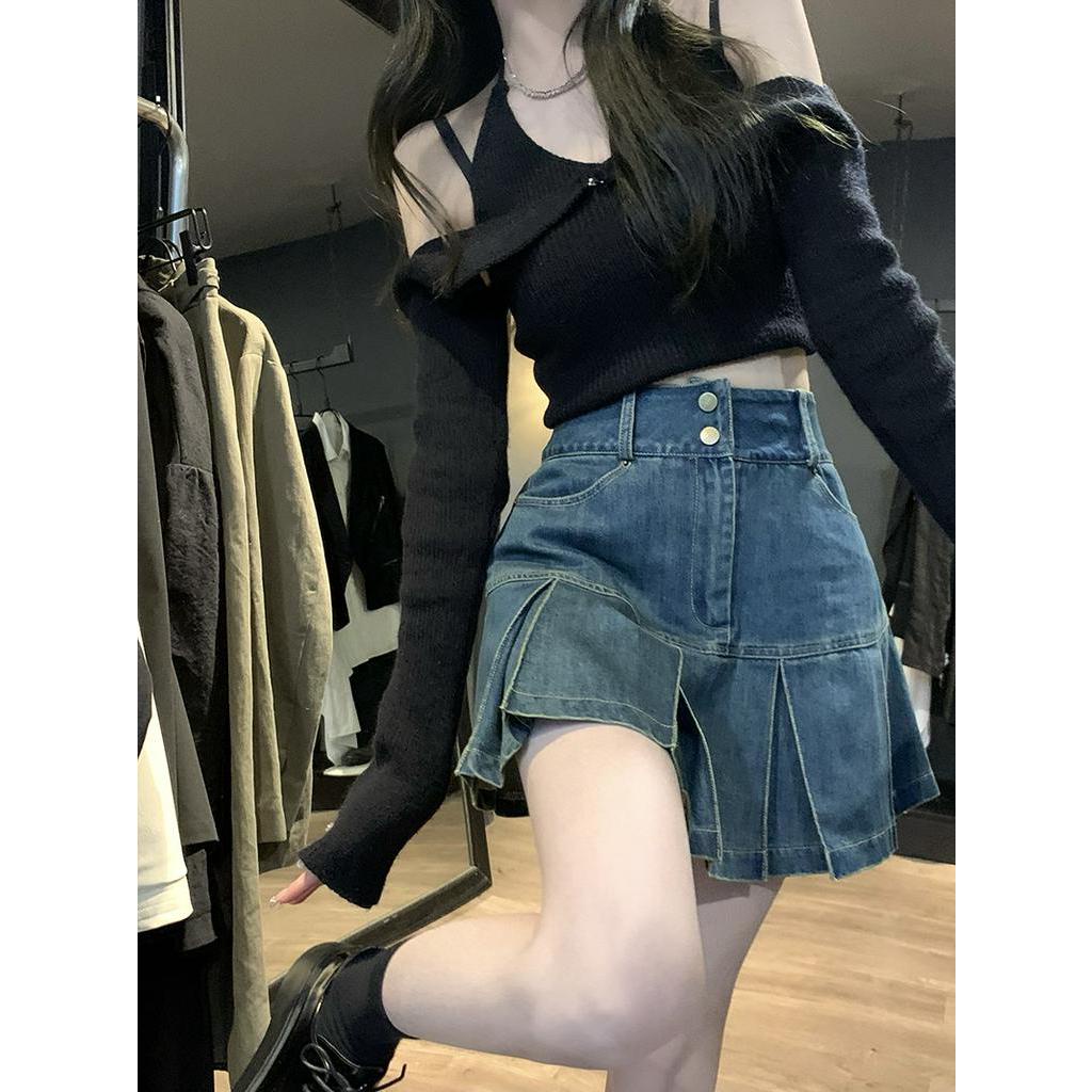 Chân Váy Denim Chữ a Lưng Cao Xếp Ly Cài Nút Thời Trang 62155