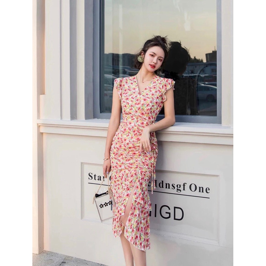 Đầm MIDI Hoa Nhí Hồng - Dáng Rút Hông Lady