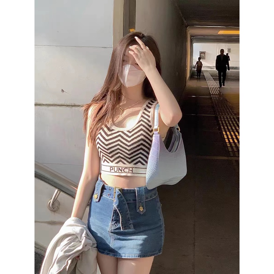 Cocory vn Áo Hai Dây Dệt Kim Cổ Chữ U Kẻ Sọc Quyến Rũ Thời Trang Mùa Hè Cho Nữ