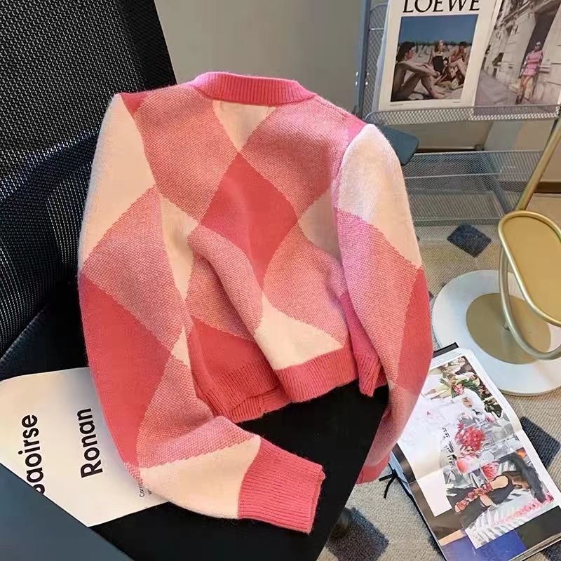 Xiaoxiangfeng Áo Khoác cardigan Dệt Kim Mềm Mại Họa Tiết Kim Cương Phong Cách Phương Tây Ngọt Ngào Mùa Thu Cho Nữ