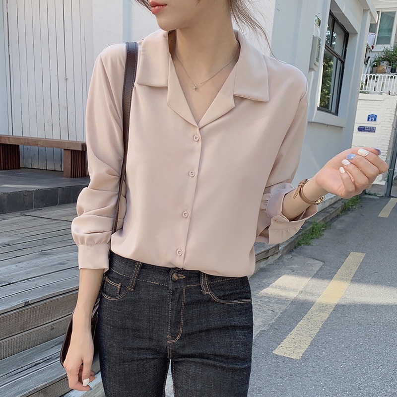 Áo sơ mi chiffon SUXI tay dài cổ vest 6 màu phong cách Hàn Quốc đơn giản cho nữ