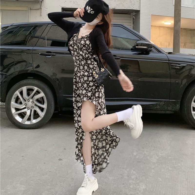 Set Áo Khoác cardigan + Đầm Hai Dây Xẻ Tà In Hoa Thời Trang Mùa Hè Cho Nữ