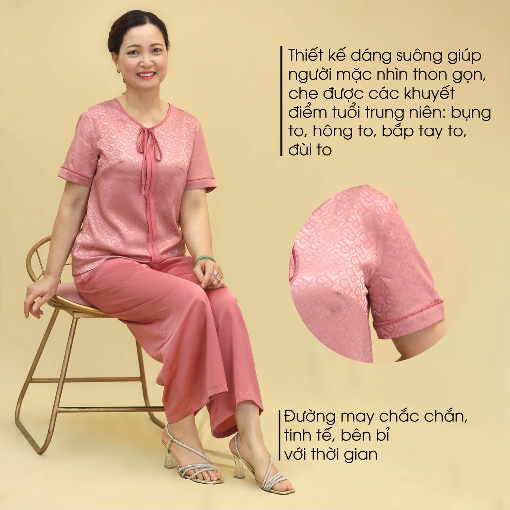 Đồ Bộ Trung Niên Nữ Lụa Họa Tiết Cao Cấp ANCHI B30 Hồng, Set Đồ Mặc Nhà Quà Tặng Cho Mẹ