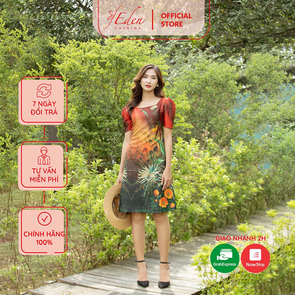 Đầm suông nữ cổ vuông họa tiết hoa 2 lớp Thời Trang Eden cổ tròn tay ngắn chất liệu lụa mềm mát có lót - D443