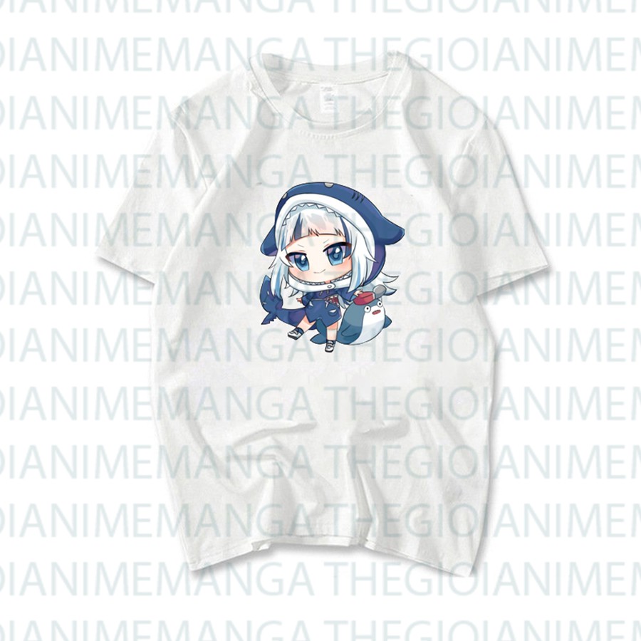 Áo thun phông đen trắng in hình GAWR GURA Hololive Vtuber thời trang xinh xắn cá tính anime chibi