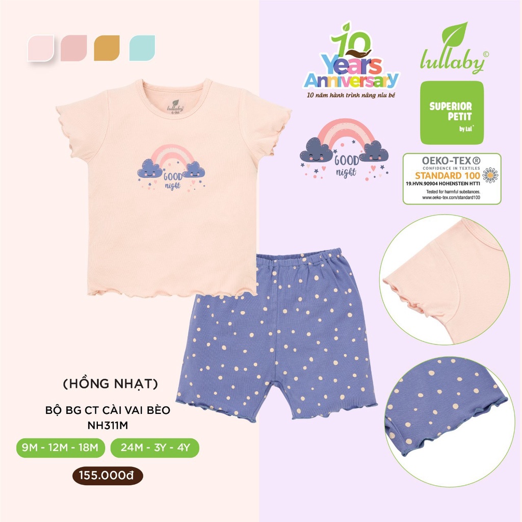 Bộ Lullaby Petit cao cấp mềm mịn thoáng mát thấm hút tốt bộ cộc tay bèo in hình đáng yêu cho bé gái NH311M NH314M Nh322M