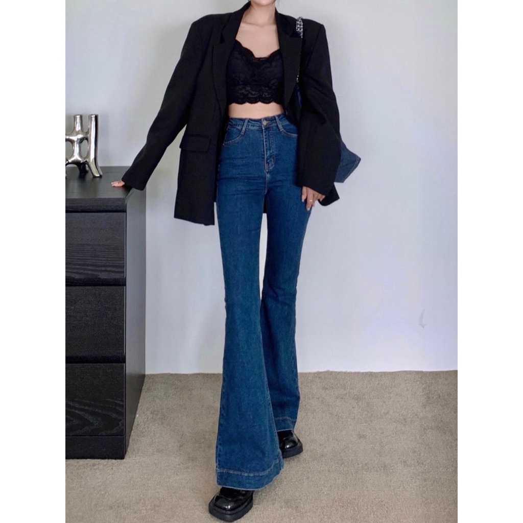 Quần jean ống loe giãn cạp cao hách dáng , quần bò nữ ống loe full gấu chất đẹp dày dặn Minxy shop