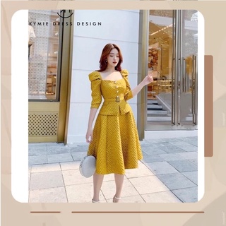 SN841 SET NỮ ÁO GẤM XỐP VÀNG DÀI TAY CỔ VUÔNG MIX CHÂN VÁY XOÈ