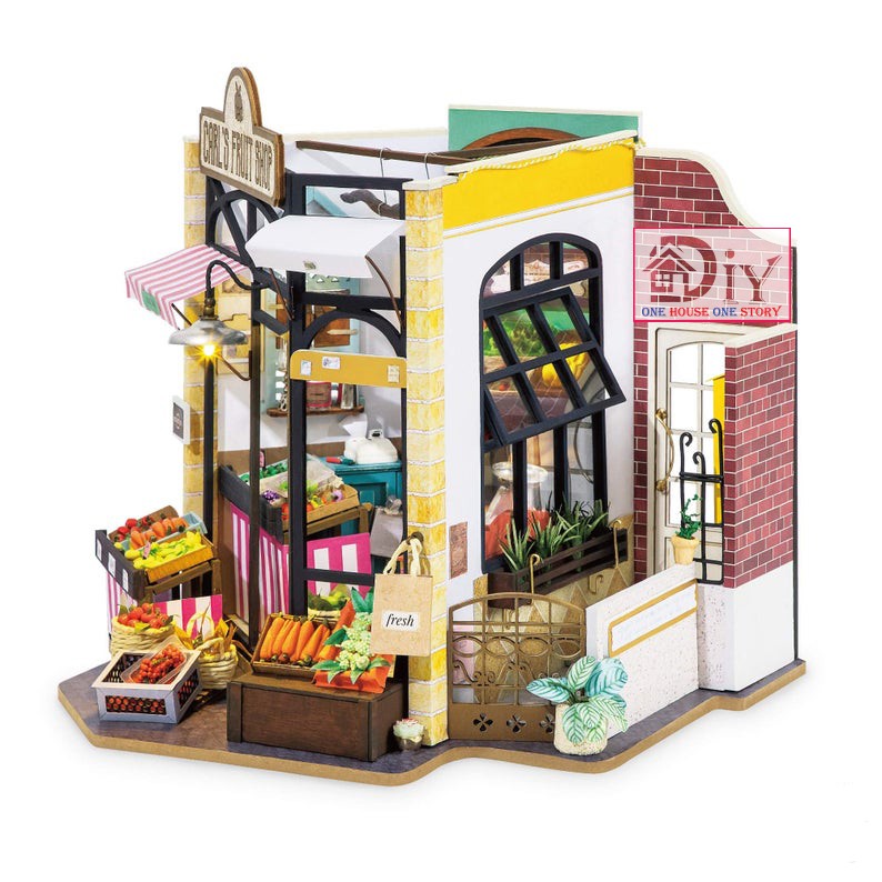 [Bản tiếng Anh]Mô hình nhà búp bê lắp ráp bằng gỗ Dollhouse DIY CARL'S FRUIT SHOP - Robotime mã DG142 (Kèm keo + nhíp)