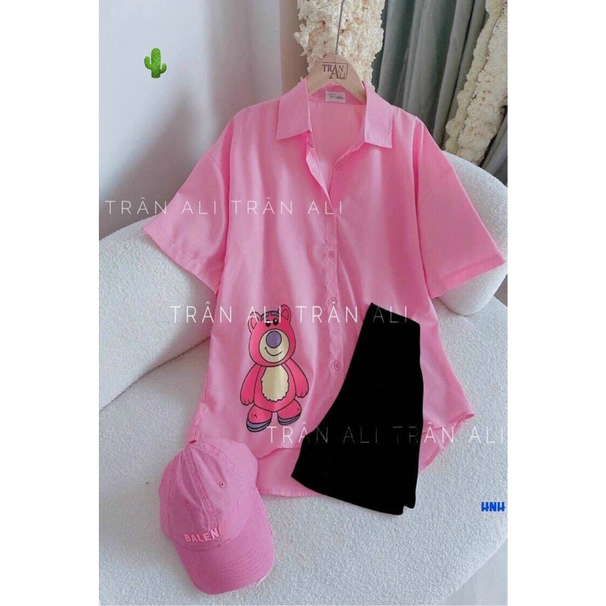 SƠ MI NỮ FORM RỘNG THÊU GẤU HỒNG DỄ THƯƠNG - KÈM HÌNH THẬT