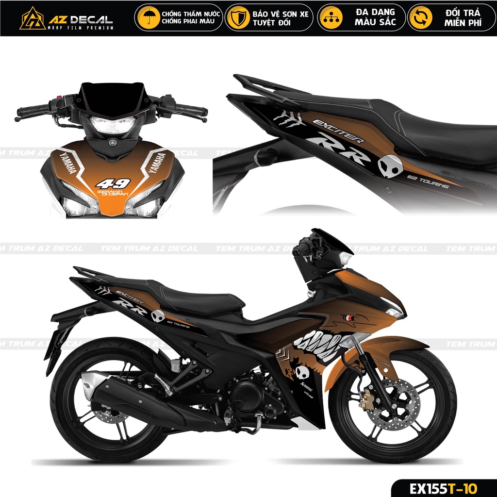 Tem Trùm Exciter 155 Cá Mập Cực Chất | EX155T-10 | Decal Dán Xe Ex 155 Cao Cấp Cho Màu Cam, Xám, Xanh Tím