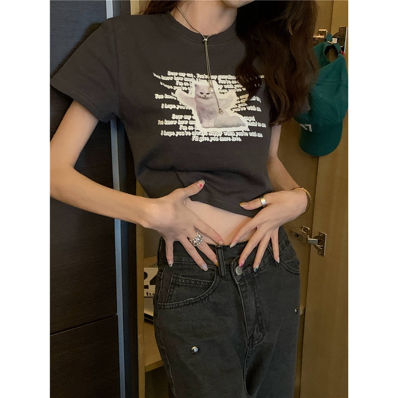 Áo Thun Tay Ngắn In Hình Mèo Phong Cách retro Dành Cho Nữ