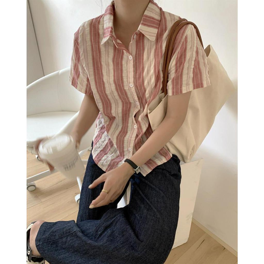 Áo Sơ Mi Cotton Lanh Kẻ Sọc Ngắn Tay Thời Trang Hè Hàn Quốc Sành Điệu 62164