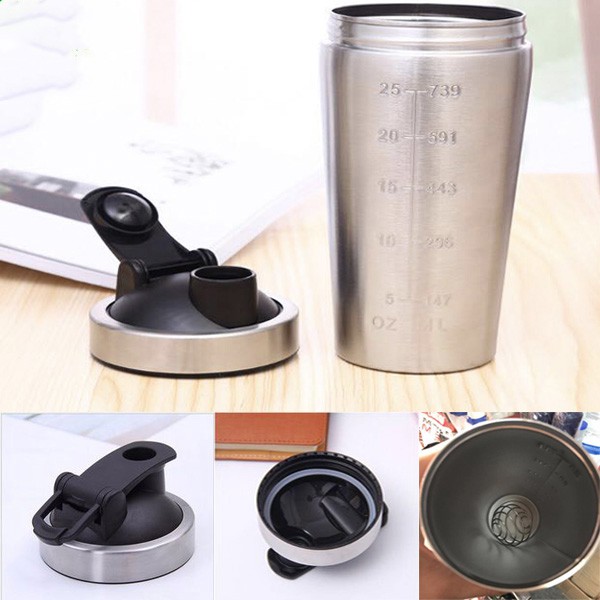 Bình Nước Tập GYM Shaker Inox Có Quai Xách Và Lò Xo Lắc Bột