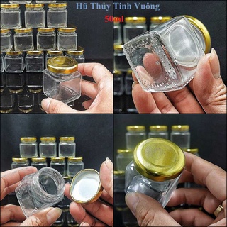 Hũ Thủy Tinh 50ML mẫu Vuông nắp thiếc vàng – Lọ Thủy Tinh Nhỏ - Hũ đựng yến chưng, mật ong, dầu dừa