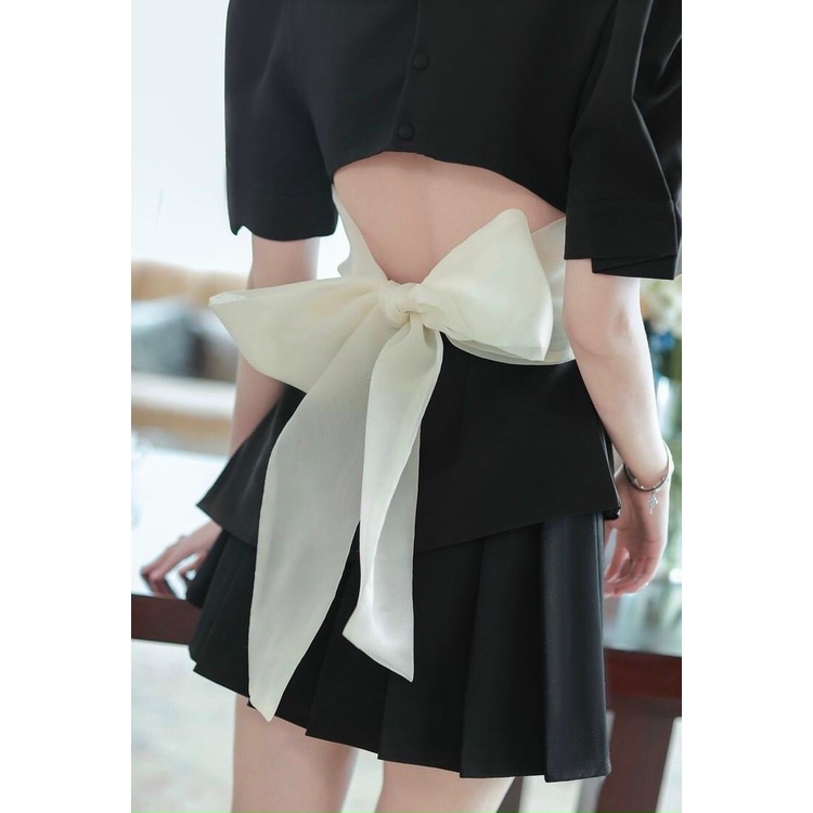 [8.8 Sales Freeship] Đầm nữ công sở, đầm đen tay phồng cột nơ to sau lưng dáng xòe xếp ly phong cách hàn quốc